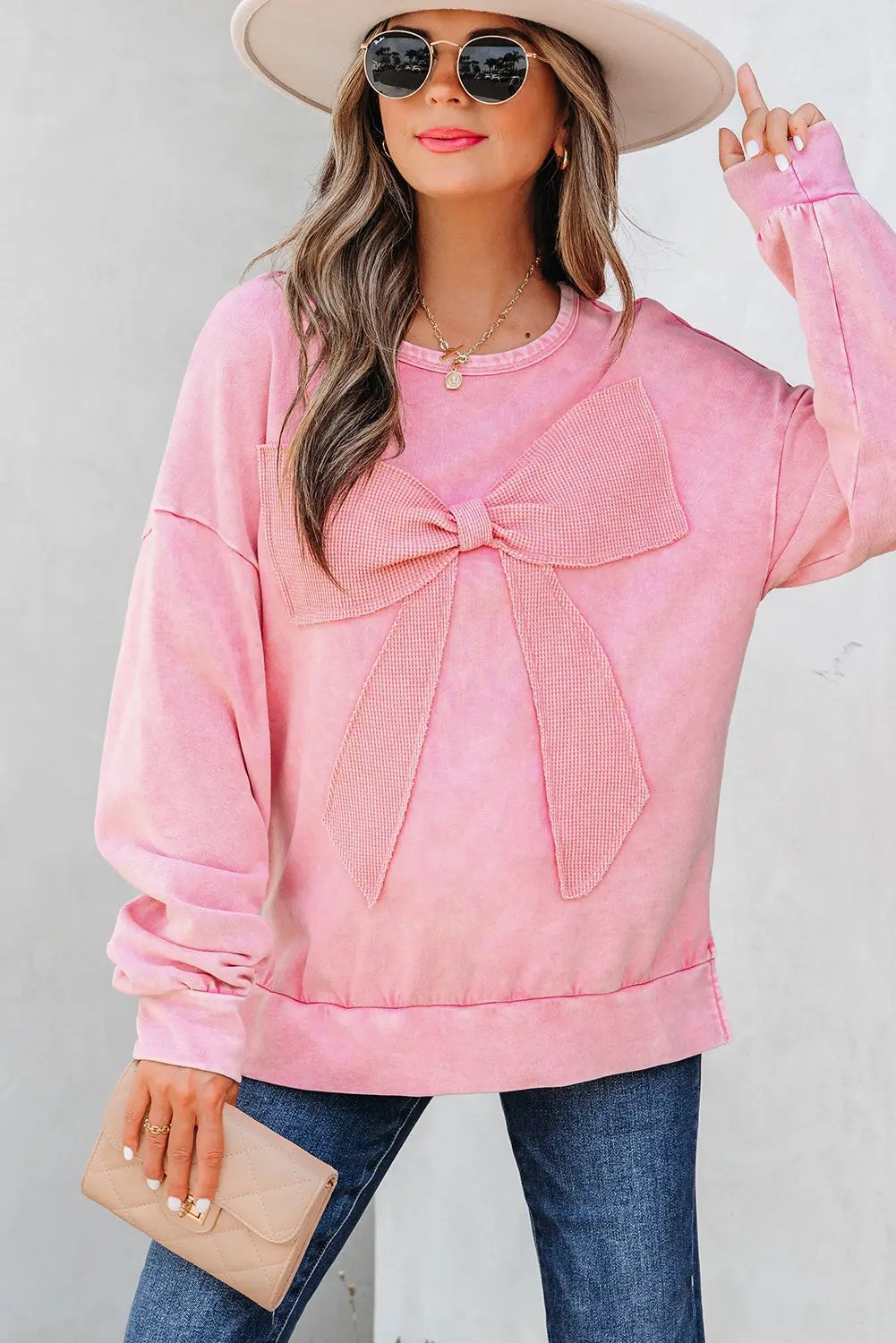 Premium Bright Pink Mineral Wash Big Bow Patchwork Pullover Sweatshirt Dear-Lover Dropshipping